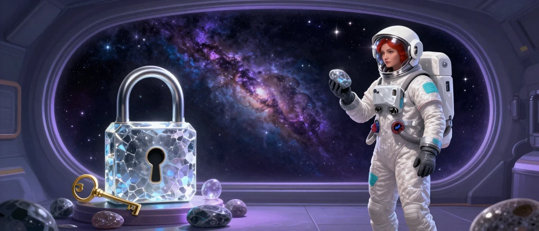 A crystal lock and golden key representing verification at Two Fat Ladies Casino