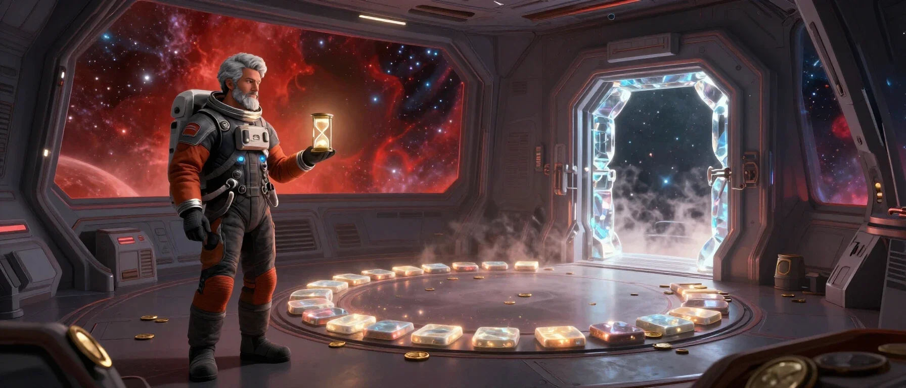 Two Fat Ladies Casino bonus wagering shown as a glowing path towards a crystal gate