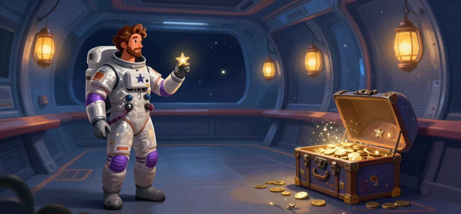 Two Fat Ladies Casino free spins beside an open treasure chest