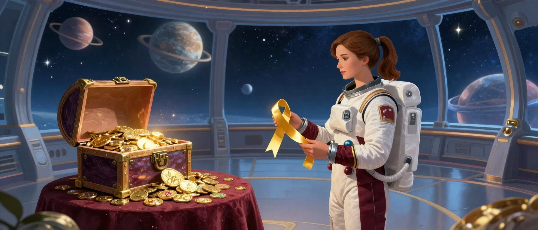 Two Fat Ladies Casino welcome bonus shown as a glowing treasure chest