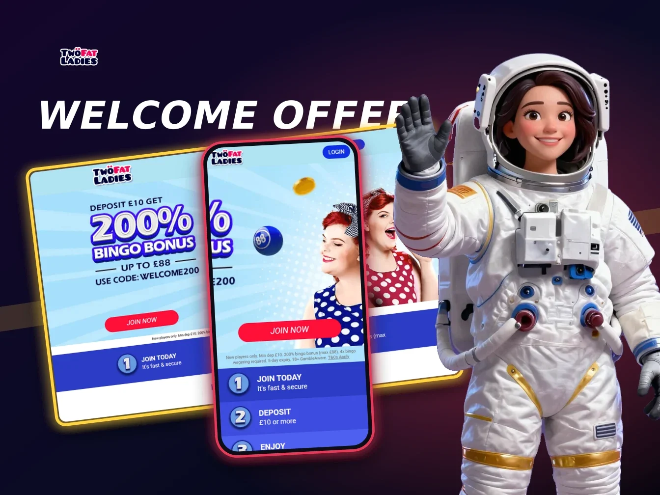 Two Fat Ladies Casino welcome offer and bingo lobby on desktop